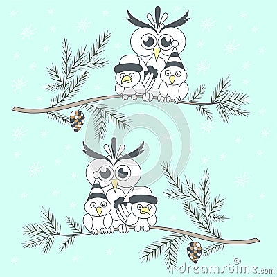 Two branches with birds. Friendly company. Owl and two birdies o Vector Illustration