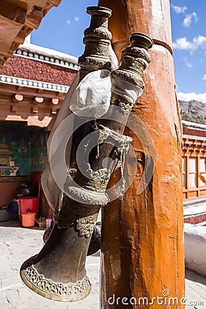 Traditional decorated Buddhist horn, Rizong Monastery, Ladakh, I Editorial Stock Photo