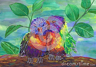 Two bright fluffy birdies sit next. Children`s drawing Stock Photo