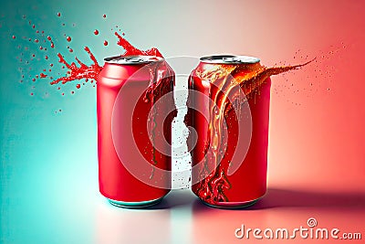 two bright red aluminum cans mockup with water spills on walls Stock Photo