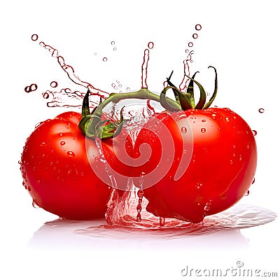 Two bright and ripe colored tomatoes with water dripping around them on a white background Cartoon Illustration
