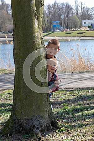 Two brother Children Hiding Behind Tree In Park Stock Photo