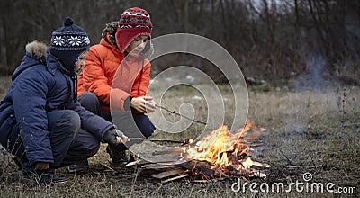 Two brother roasting hotdogs on sticks at bonfire. Children having fun at autumn camp fire. Camping kids in fall forest Stock Photo