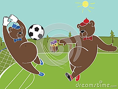 Two brown bears plays football.Cartoon humorous illustrat Vector Illustration