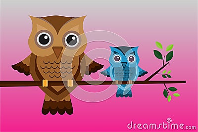 Two brown and blue owls on a branch Vector Illustration