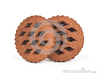 Two brown chocolate cookies with jam on white backgroun Stock Photo