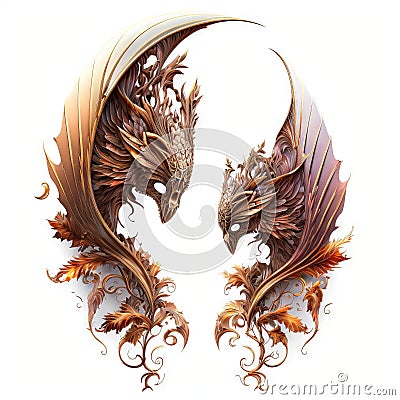 two brown dragon sculptures sitting next to each other on a white surface with a white background and a white background behind Stock Photo