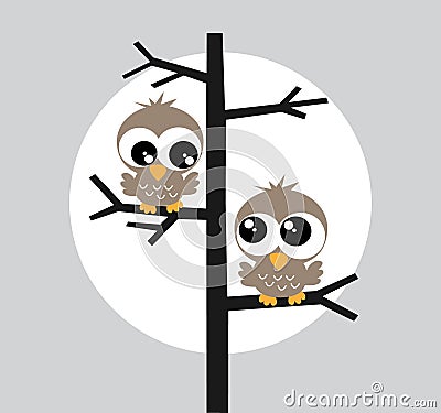 Two brown owl owls in a tree Cartoon Illustration