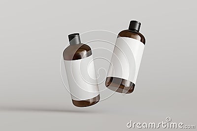 Two brown plastic cosmetic containers with labels, shampoo bottles floating on gray background front view 3D render Stock Photo