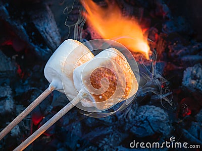 Two brown sweet marshmallows roasting over fire flames. Marshmallow on skewers roasted on charcoals Stock Photo
