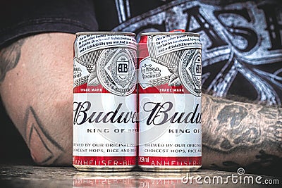 Two Budweiser beer cans. Editorial Stock Photo