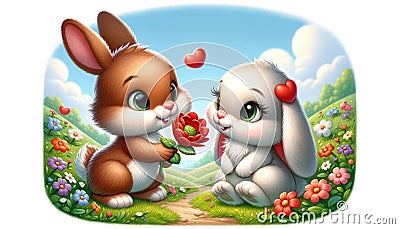 Two Bunnies in Love Cartoon Illustration