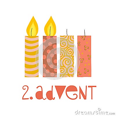 Two burning advent candles vector illustration. Second sunday in advent. Zweiter Advent german text. Flat Holiday design with Vector Illustration