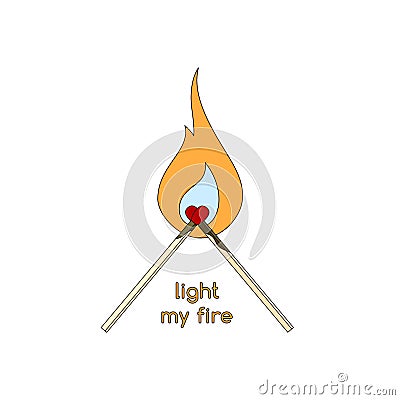 Two burning matches with heads crossed as heart and Vector Illustration