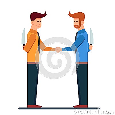 Two business mans handshaking with hide a knife in the back Vector Illustration