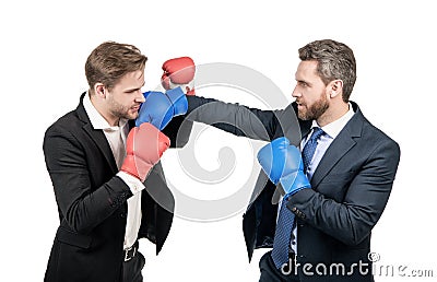 two business men in boxing gloves punching for leadership isolated on white, business fight Stock Photo