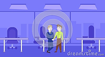 Two Business Men Handshake Over Silhouette Office Background Vector Illustration