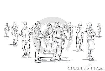 Two Business Men Handshake Silhouette Over Businesspeople Group Crowd, Businessmen Boss Shaking Hands Vector Illustration