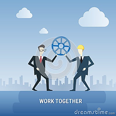 Two Business Men Hold Cog Wheel Work Together Ponder Think Strategy Concept Vector Illustration