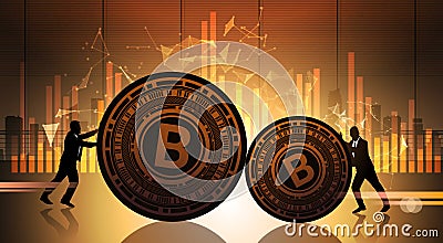 Two Business Men Push Bitcoin Over Statistic Data Charts Crypto Currency Concept Digital Web Money Vector Illustration