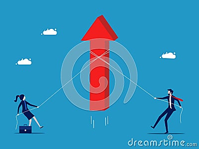 Two business men and women help pull arrows. Compete for growth Vector Illustration