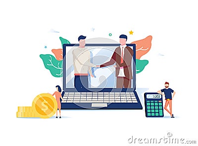 Two business partners shaking hands in big laptop. Online business, Partnership and agreement, with small employ around Vector Illustration