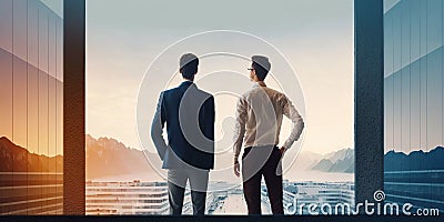 Two business people looking at horizon, projects, visions, collaboration. Generative AI Stock Photo