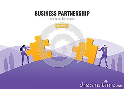 Two business people pushing and assembling jigsaw puzzles. Vector Illustration