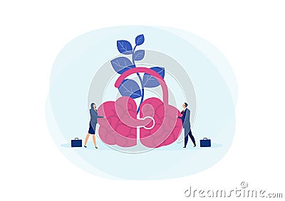 Two business pushing two brain pieces into a single brain. mindset growth vector illustration Vector Illustration