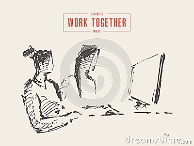 Two business women computer work together vector Vector Illustration