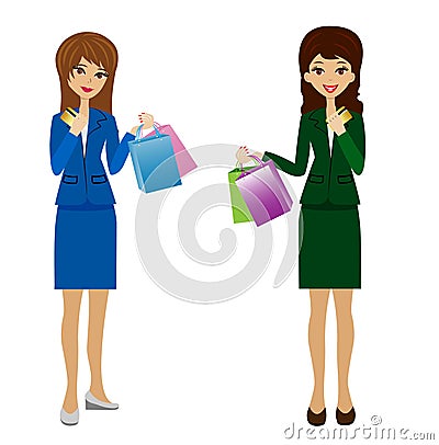 Two business women with credit cards and purchases in hands Vector Illustration