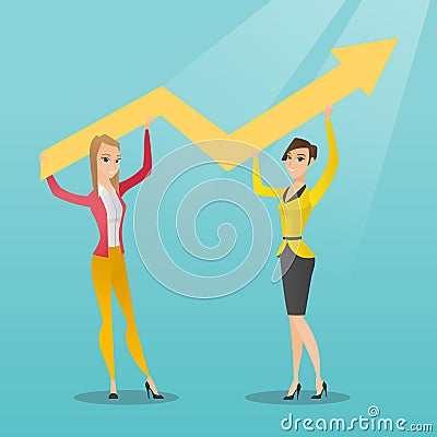 Two business women holding growth graph. Vector Illustration