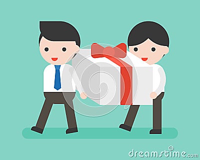 Two Businessman carrying big present box, business situation Vector Illustration