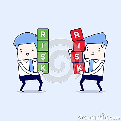 Two businessman carrying risk blocks. Risk management. Cartoon character thin line style vector Vector Illustration