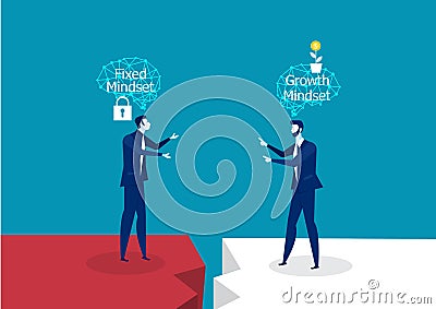 Two businessman different thinking between Fixed Mindset vs Growth Mindset success concept Vector Illustration