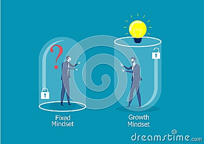 Two businessman different thinking between Fixed Mindset vs Growth Mindset success concept Vector Illustration