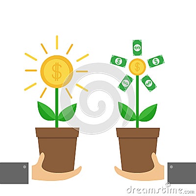 Two businessman hand holding Growing paper money tree shining coin with dollar sign Plant in the pot. Financial growth concept. Vector Illustration