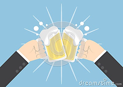 Two businessman hands toasting glasses of beer Vector Illustration