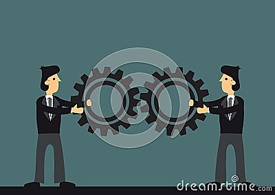 Two businessman joining gears. Concept of business cooperation; team work; collaboration and partnership Vector Illustration