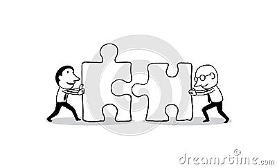 Two businessman pushing big jigsaw piece towards each other. business teamwork concept. isolated vector illustration outline hand Cartoon Illustration