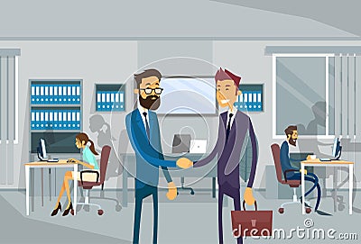 Two Businessman Shake Hand, Business Man Stand In Office Agreement Concept Vector Illustration