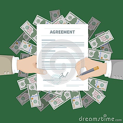 Two businessman signing an agreement. Successful financial partnership, teamwork concept. Hand holds the form of document Vector Illustration