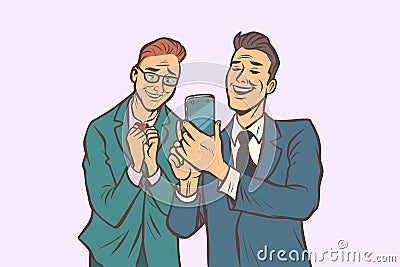 Two businessmen affection and joy, look at the smartphone Vector Illustration