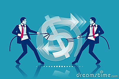 Two businessmen break sing dollar bill with rope. Tearing money. Vector Illustration