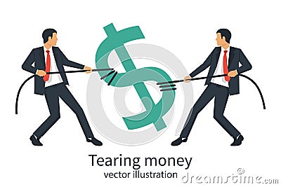 Two businessmen break sing dollar bill with rope Vector Illustration