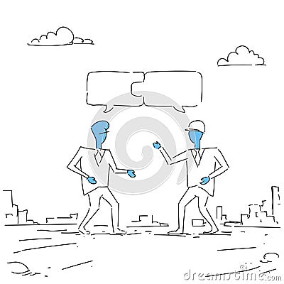 Two Businessmen Collecting Puzzle Teamwork Successful Business Team Development Growth Vector Illustration