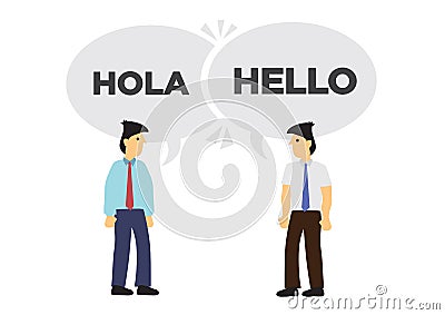 Two businessmen communicate in different languages. Concept of international business or corporate collaboration. English and Vector Illustration