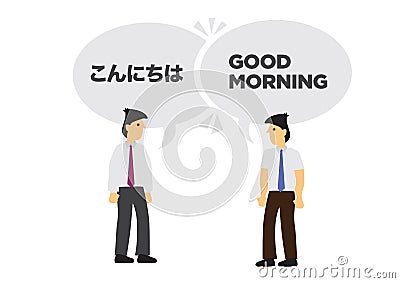 Two businessmen communicate in different languages. Concept of international business or corporate collaboration. English and Vector Illustration