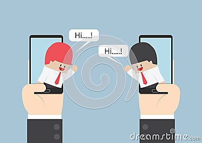 Two businessmen communicate on smartphone with speech bubble Vector Illustration