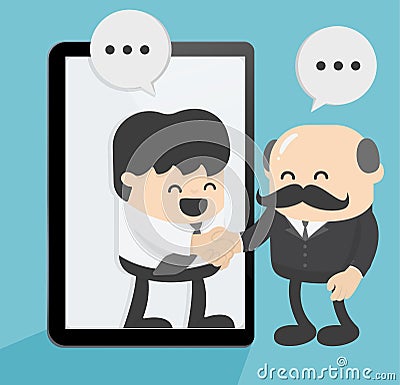 Two businessmen are contacting international trade by using smartphones and the internet to help them expand their sales. Vector Illustration